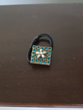 Gold Satin Flower Hair Tie with Turquoise Tile Accent